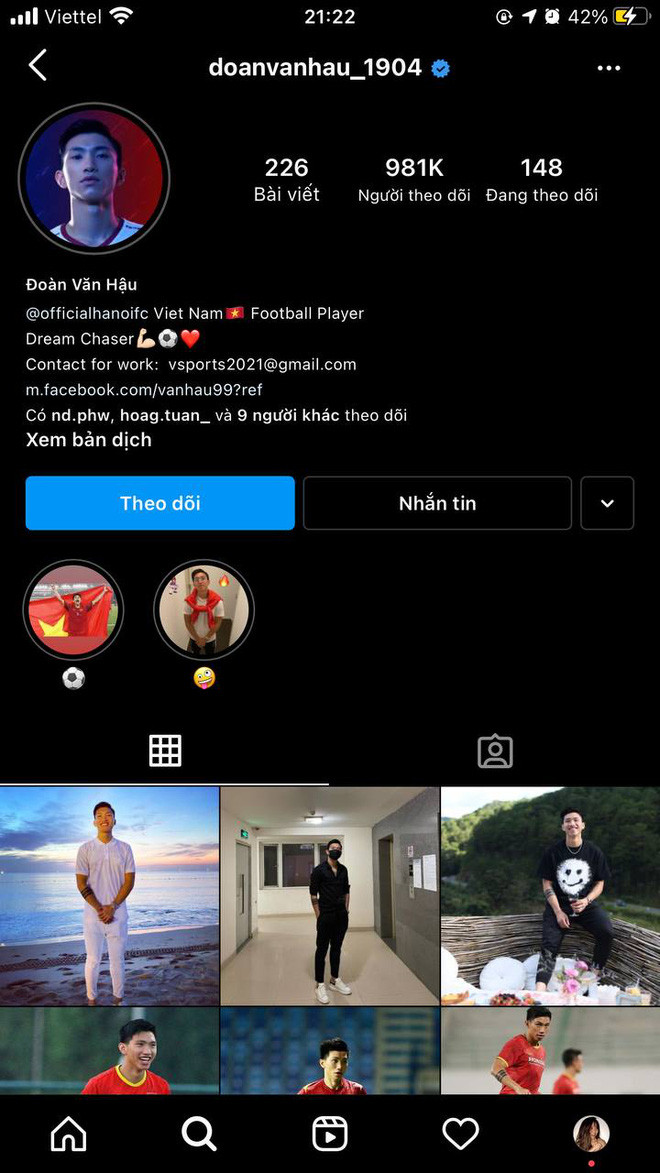 Đoàn Văn Hậu có 981 ngàn lượt follow trên Instagram.