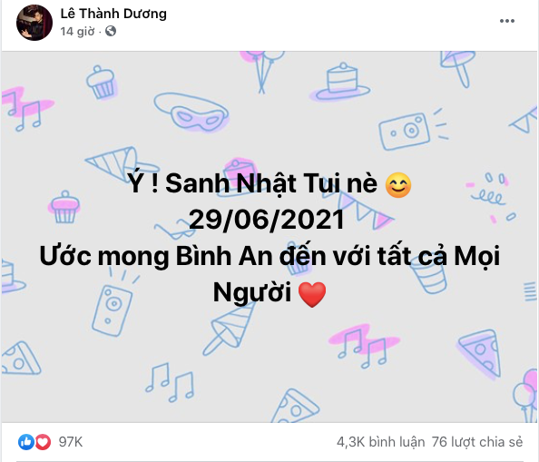 Nam ca sĩ hạnh phúc gửi lời chúc mừng sinh nhật mình lên trang cá nhân