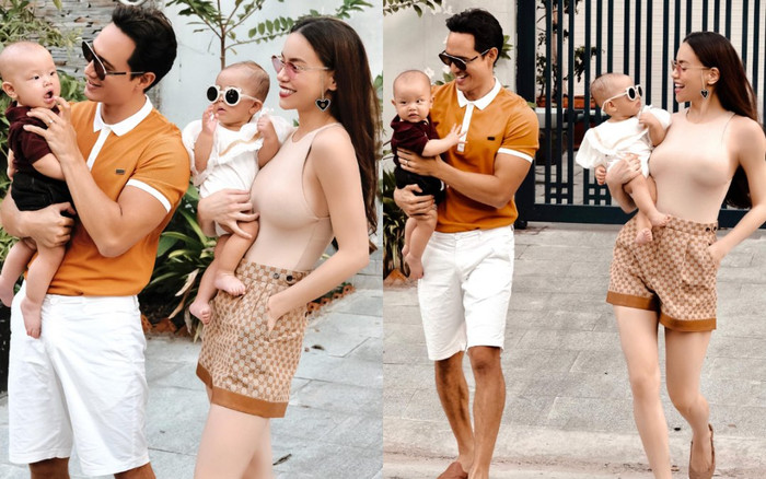 Hồ Ngọc Hà mặc đồ đôi cùng chồng ra trước cổng nhà để tạo dáng Ảnh 2