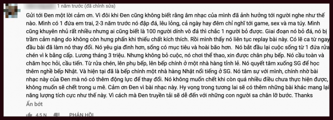 Bình luận cảm ơn Đen vì đã mang thông điệp sống tích cực đến cho mọi người, khiến người hâm mộ không khỏi quan tâm