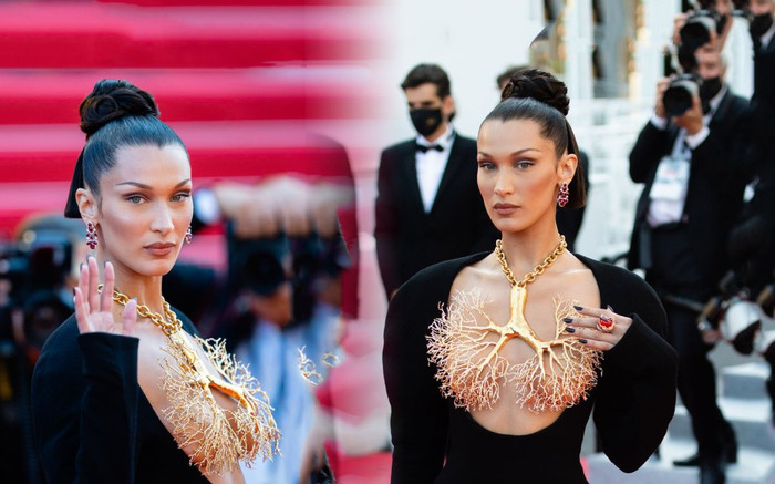 Bella Hadid thả rông vòng 1 hoàn toàn nhưng vòng cổ hình lá phổi mới gây rúng động thảm đỏ Cannes Ảnh 2