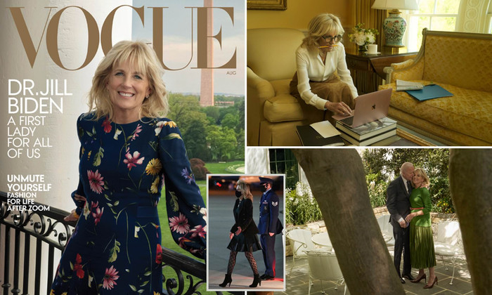 Jill Biden khoác trên mình bộ váy hoa Oscar del a Renta và có những khoảnh khắc hạnh phúc bên ông chồng Tổng thống Joe Biden trong xuyên suốt buổi phỏng vấn cho Vogue