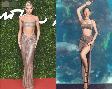 Stylist từng thừa nhận mình học hỏi chiếc váy của Elsa Hosk để tạo nên sáng tạo bên phải dành cho Chi Pu.