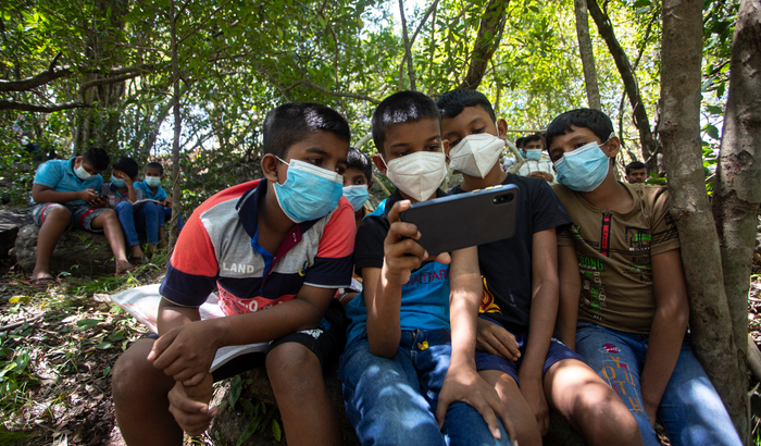 Vài đứa trẻ xem chung bài trên một chiếc điện thoại.