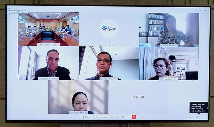 Các điểm cầu kết nối tại buổi làm việc trực tuyến giữa Bộ Y tế và Pfizer.