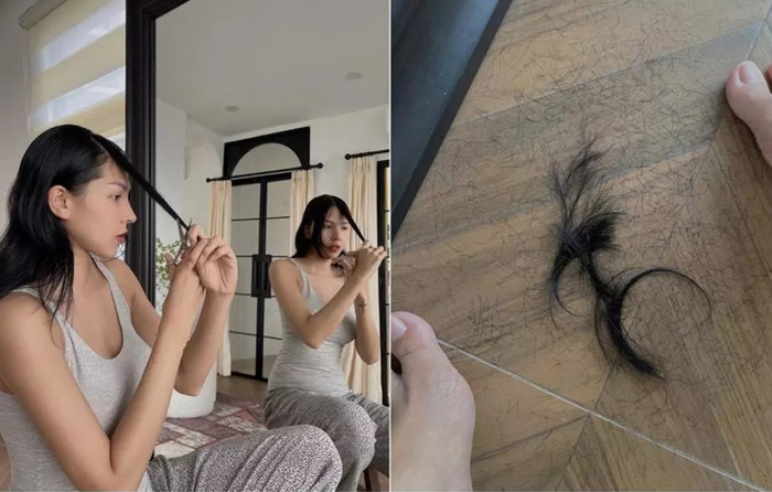 Chỉ với vài nhát kéo, người đẹp nhanh chóng biến hóa phần tóc mái dài trở nên gọn gàng, ôm nhẹ khuôn mặt.