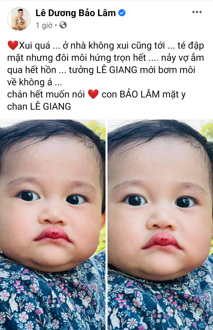 Lê Dương Bảo Lâm 'hoảng hồn' vì con gái té sưng môi, nhưng lại tranh thủ 'dìm hàng' nhóc tì như Lê Giang Ảnh 1