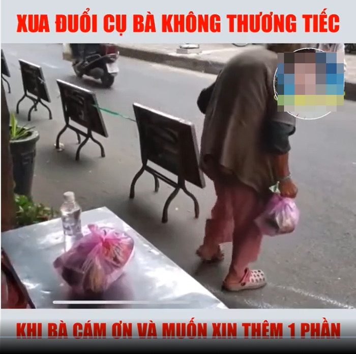 Hình ảnh cụ bà lưng còng, đi lại khó khăn xin cơm từ thiện