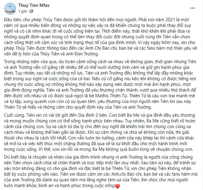 Chia sẻ trên trang cá nhân của Thủy Tiên, sau đó cũng được Đan Trường chia sẻ lại.