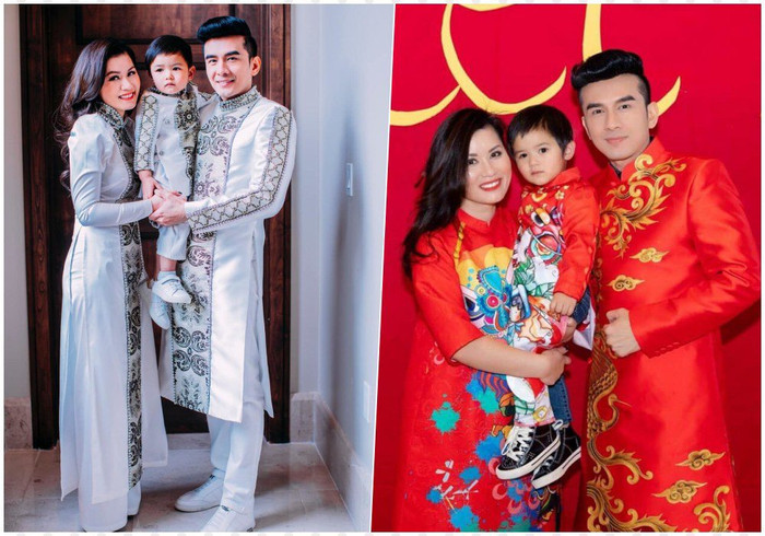 Cả hai cùng con trai diện áo dài chụp ảnh siêu đáng yêu.