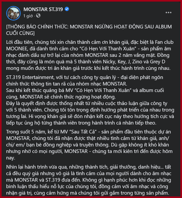 Thông tin nhóm nhạc MONSTAR tan rã vừa được fanpage của nhóm đăng tải mới đây.