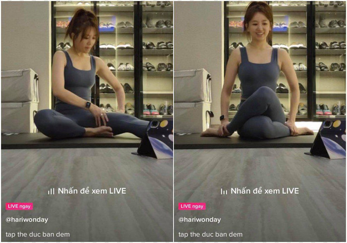 Trong khi mọi người “chăn êm nệm ấm” nghỉ ngơi hay thậm chí đã chìm vào giấc ngủ thì bà xã Trấn Thành lại tập thể dụcđến vã mồ hôi.