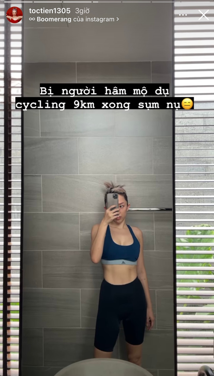 Tóc Tiên 'than thở' khi bị ông xã dụ đạp xe ở nhà.