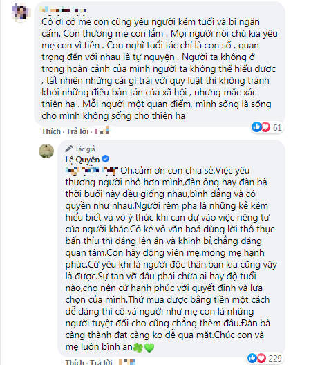 Lệ Quyên tư vấn cho fan về việc bị phản đối khi yêu người kém tuổi hơn.