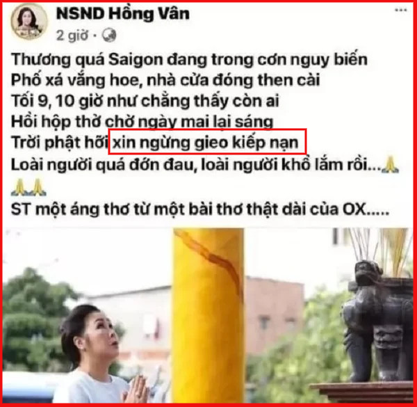 Chia sẻ gây tranh cãi của NSND Hồng Vân.