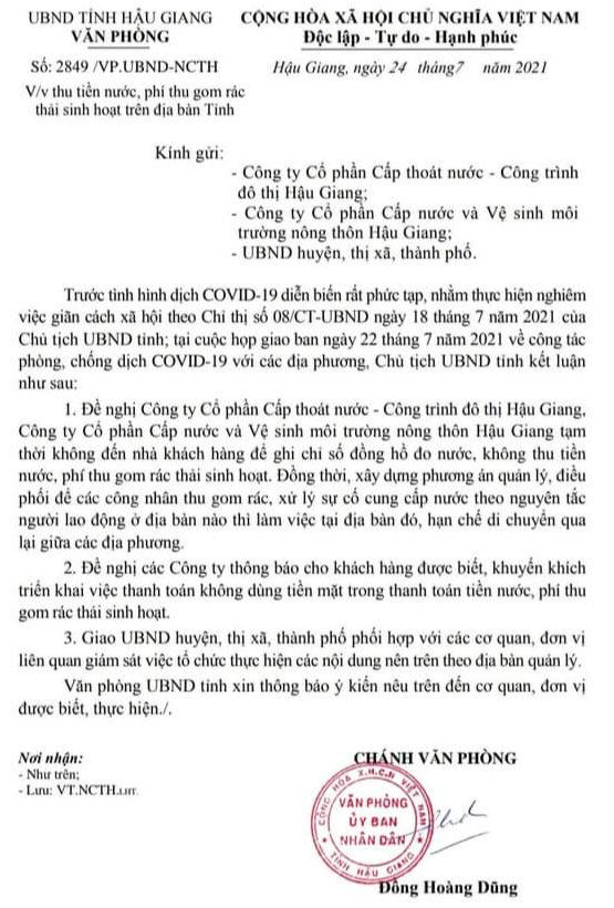 Văn bản của Văn phòng UBND tỉnh Hậu Giang