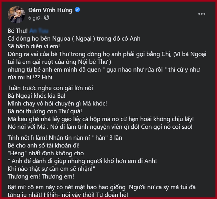 Bài viết trên trang cá nhân của Đàm Vĩnh Hưng chia sẻ về việc làm tình nguyện của em gái. Đặc biệt chi tiết cuối bài viết thu hút rất nhiều sự chú ý của khán giả