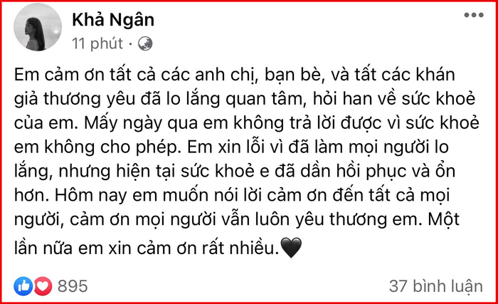 Bài chia sẻ tình trạng sức khỏe hiện tại của Khả Ngân.