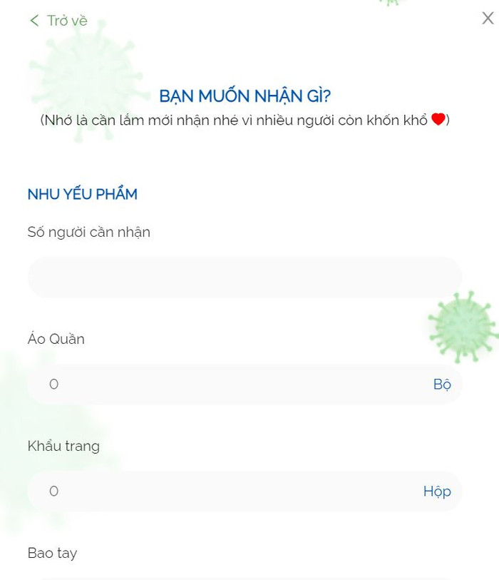 Phần điền thông tin dành cho người cần nhận