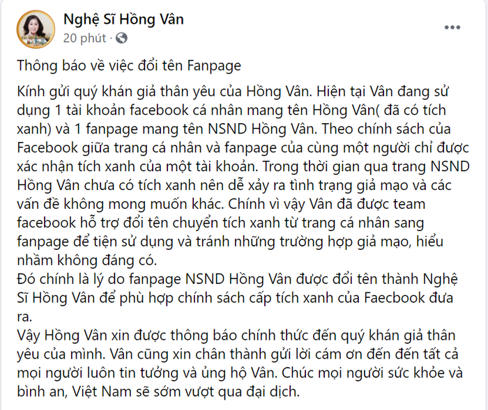 Thông báo mới nhất của NSND Hồng Vân