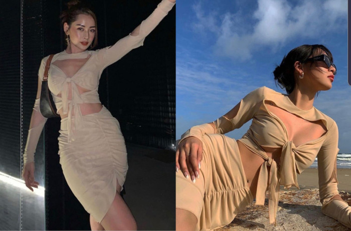 Khi khác, Chi Pu, Phí Phương Anh lại chọn cùng kiểu váy màu da với những đường cắt khoét táo bạo, gợi cảm.