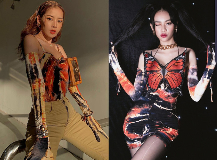 Một pha đụng hàng thú vị với cùng chiếc váy màu sắc ôm sát, người mix cùng áo 'cánh bướm dối gian', người biến tấu như áo để mặc cùng quần.&nbsp;