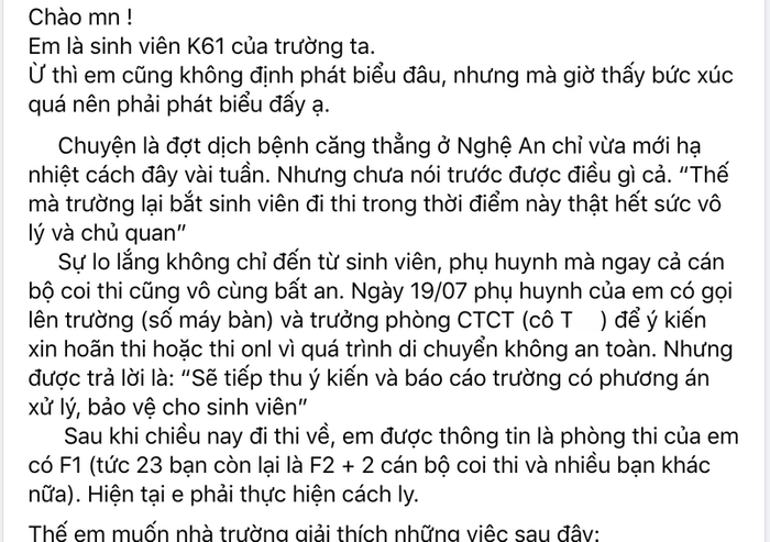 Tài khoản T.A đăng bài phản ánh Đại học Vinh tổ chức thi giữa tình hình dịch Covid- 19 diễn biến phức tạp