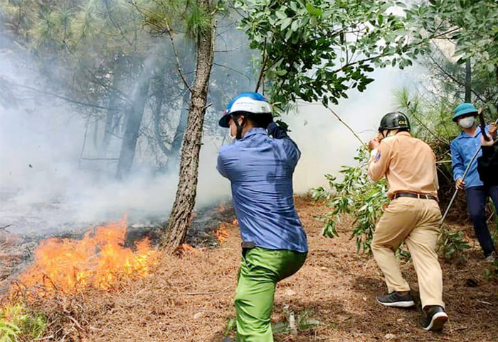 Lực lượng chức năng tham gia dập lửa. Ảnh: VNE