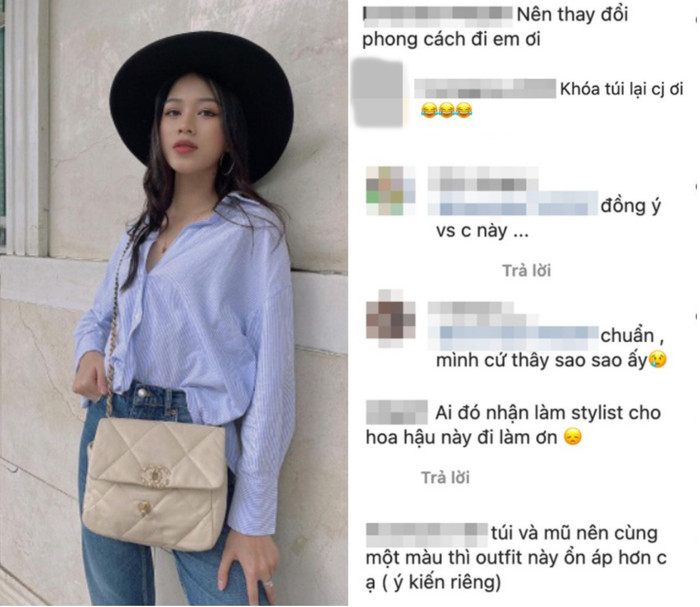 Một outfit không mấy sang trọng với chiếc túi hơn 130 triệu đồng nhưng lại mix cùng sơ-mi xanh nhạt quần xanh đậm khá nhạt nhòa. Phần miệng túi còn không khóa, trông luộm thuộm, kém duyên. 