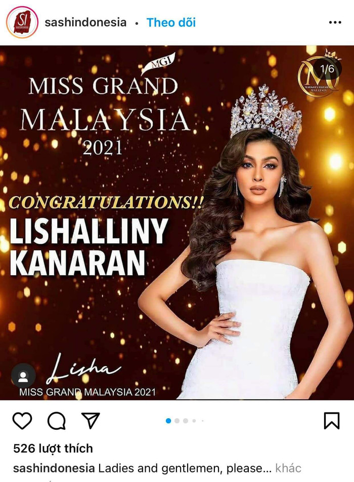Bức ảnh chúc mừng Lisha trở thành đại diện Miss Grand Malaysia được đăng trên một page sắc đẹp của Indo...