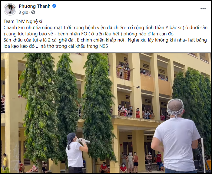 Phương Thanh lên highnote cực sung tại bệnh viện dã chiến, dùng loa kẹo kéo, ghế đá làm sân khấu Ảnh 3