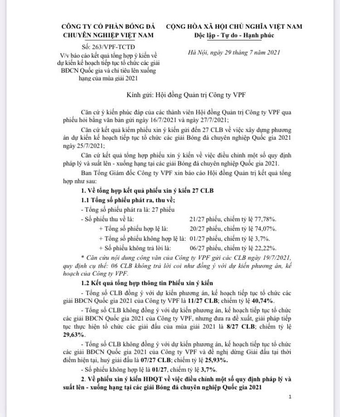 Từ báo cáo của Ban giám đốc VPF có thể thấy 15/27 CLB không đồng ý với phương án của VPF. 