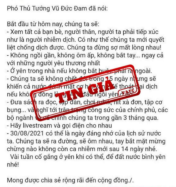 Nội dung tn giả về phát ngôn của Phó Thủ tướng Vũ Đức Đam được đăng trên nhiều tài khoản. Ảnh: VAFC
