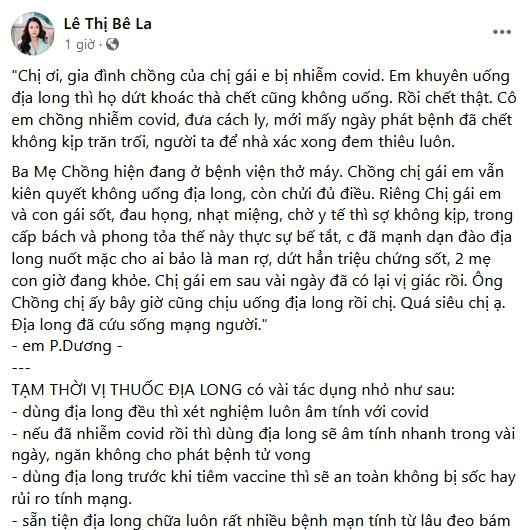 Diễn viên Lê Bê La bị chỉ trích gay gắt khi chia sẻ cách phòng ngừa Covid-19 bằng... 'địa long' Ảnh 2