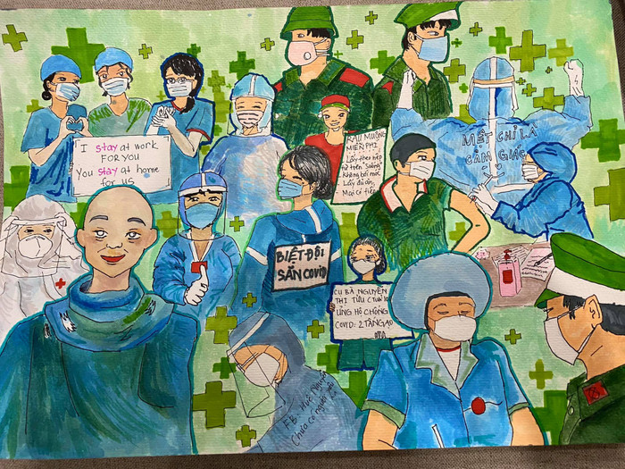 Những câu chuyện ý nghĩa về đội ngũ tuyến đầu được Trang Anh gói ghém trong bức vẽ của mình
