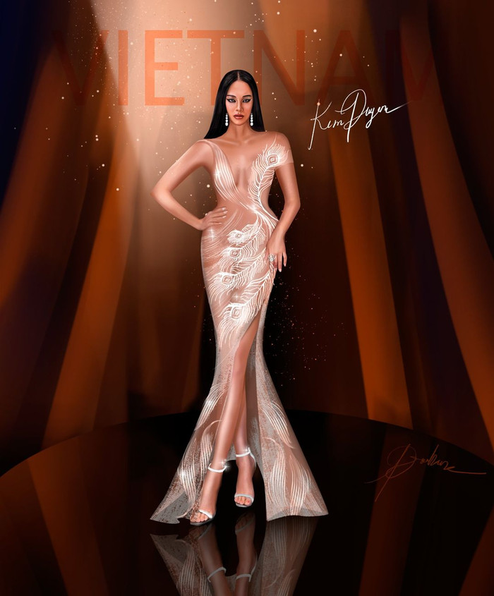 Một thiết kế được NTK Hồ Tấn Tài tạo dựng riêng cho Kim Duyên với hình tượng trang trí, đính kết lông vũ cực kỳ bạo liệt. 