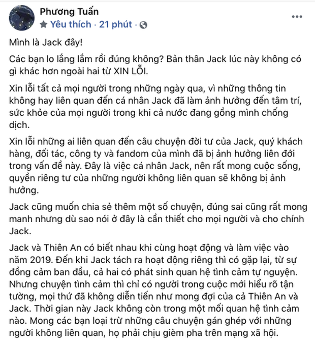 Jack viết tâm thư xin lỗi hôm 10/8.