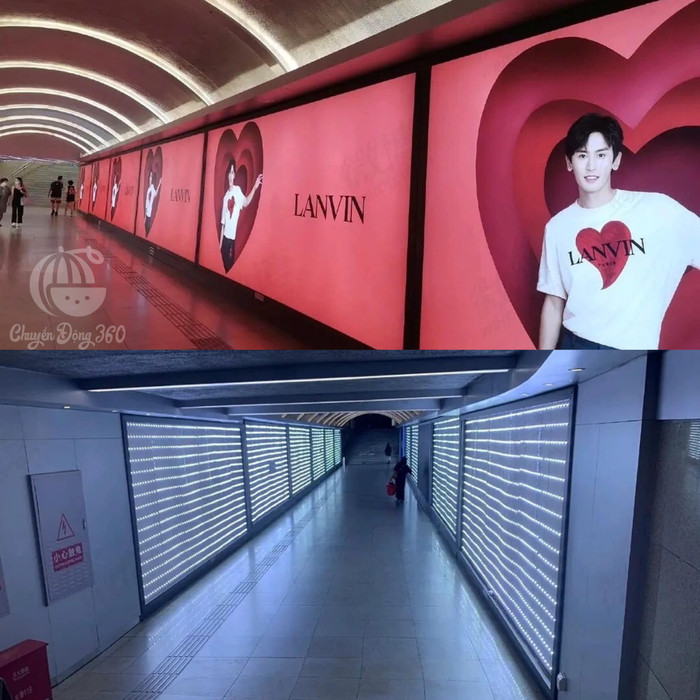 Hình ảnh trước và sau tại khu nhà ga có hình ảnh poster thời trang của Trương Triết Hạn