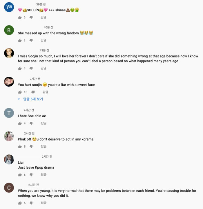 Bình luận công kích Shin Ae trên Youtube cá nhân.