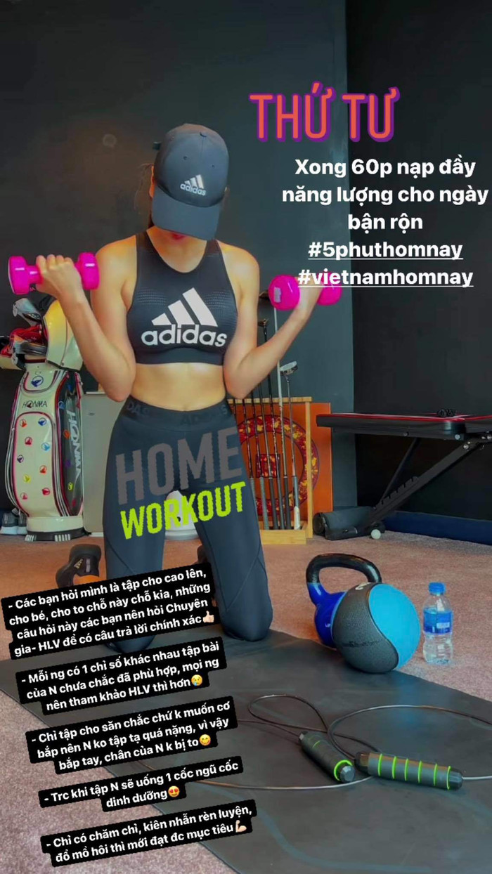 Người đẹp từng chia sẻ, mình tập cốt để săn chắc nên không tập quá nặng, trước buổi tập đều uống một cốc ngũ cốc để nạp dinh dưỡng, không để bụng đói. 