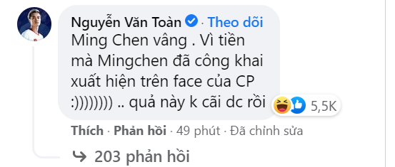 Văn Toàn cũng để lại bình luận bên dưới bài đăng
