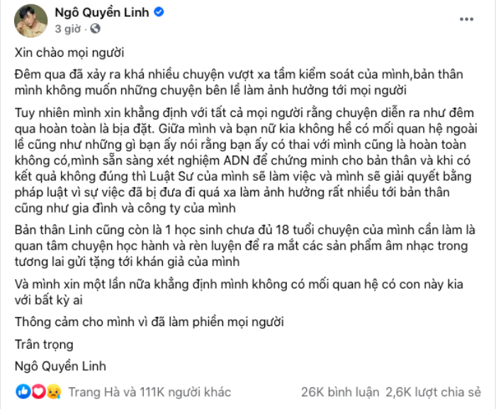 Hotboy Ngô Quyền Linh lên tiếng phủ nhận tin đồn làm người khác có bầu: 'Tôi sẵn sàng xét nghiệm ADN' Ảnh 3