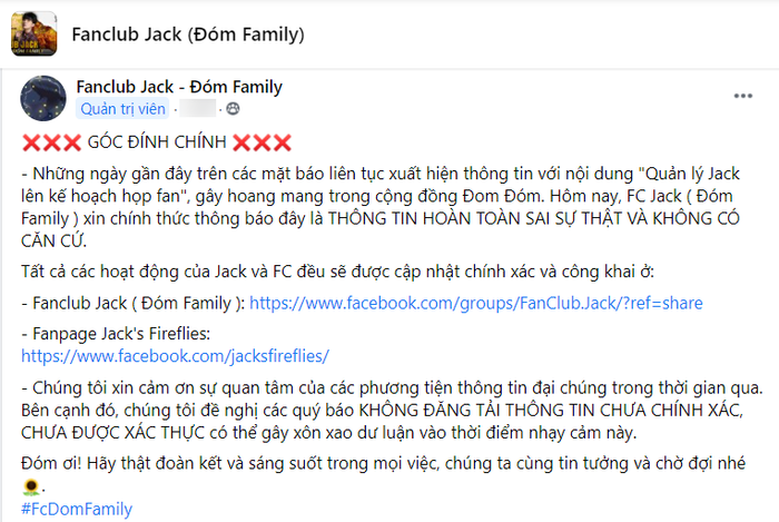 Bài đăng phủ nhận sự việc của FC Jack.