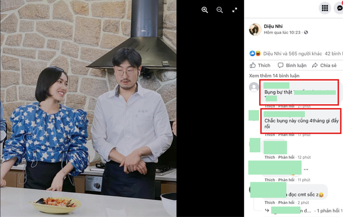 Hay bức ảnh vừa được đăng tải trên Facebook của Diệu Nhi cũng tỏ rõ dấu hiệu mang thai. Cư dân mạng còn để lại nhiều bình luận dưới bài đăng của nữ diễn viên hài: 'Chắc bụng này cũng 4 tháng gì rồi đấy'.
