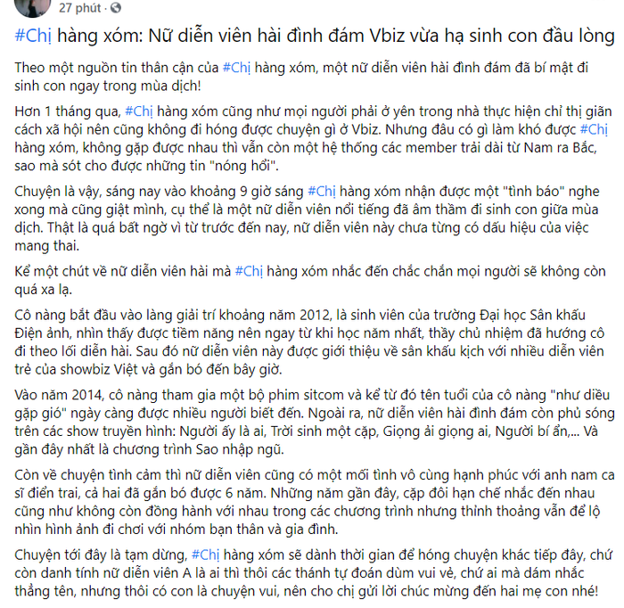 Bài đăng về việc một nữ diễn viên hài vừa sinh con ngay trong mùa dịch