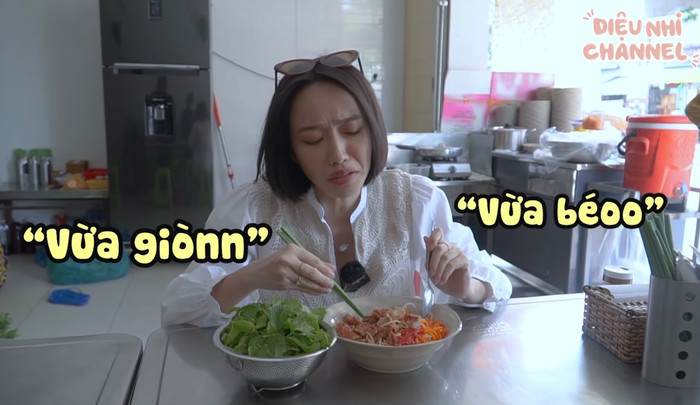 Sau món bánh hỏi, Diệu Nhi tiếp tục “xử” thêm một tô bún thịt nướng. 