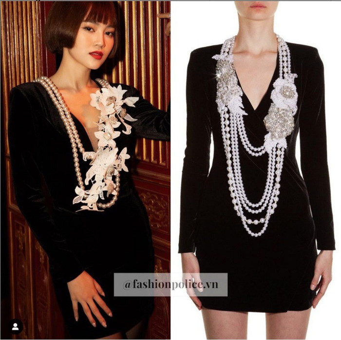 Chiếc váy mà Ninh Dương Lan Ngọc diện rõ rành rành lấy cảm hứng từ sáng tạo của Balmain. Tuy nhiên, phía NTK Việt đã chỉnh sửa phần ngực để nữ diễn viên an tâm, thoải mải khi sử dụng. 