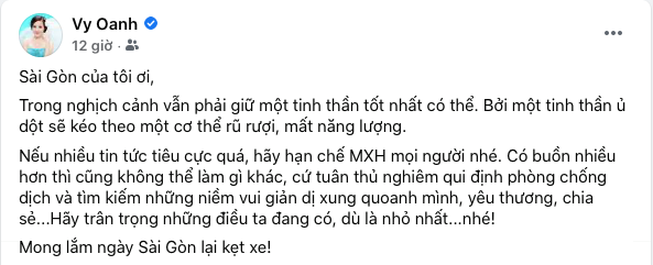 Bài đăng trên trang cá nhân của Vy Oanh khuyên mọi người nên suy nghĩ tích cực giữa lúc Sài Gòn đang căng mình chống dịch nhận được nhiều sự chú ý.