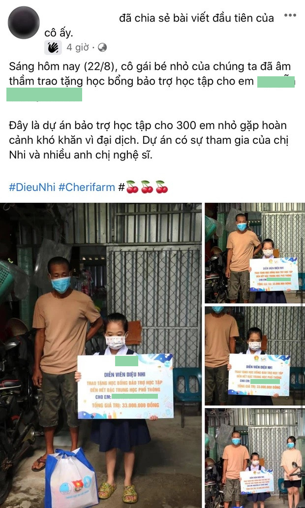 Diệu Nhi âm thầm hỗ trợ cho một em nhỏ có hoàn cảnh khó khăn suất học bổng trị giá 33 triệu đồng.