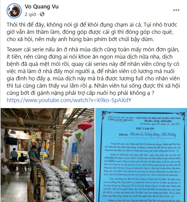 Bài đăng thể hiện sự bức xúc vì Trường Giang - Nhã Phương bất ngờ bị mắng khi cho là không làm từ thiện mùa dịch.
